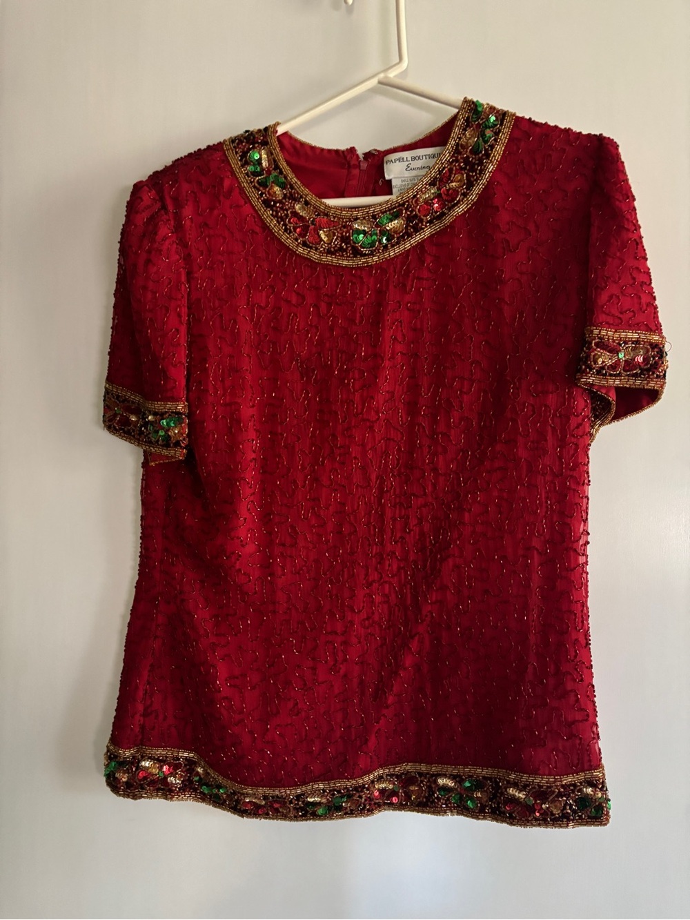 Vintage Embellished Red Short Sleeve Top - Designer Boutique